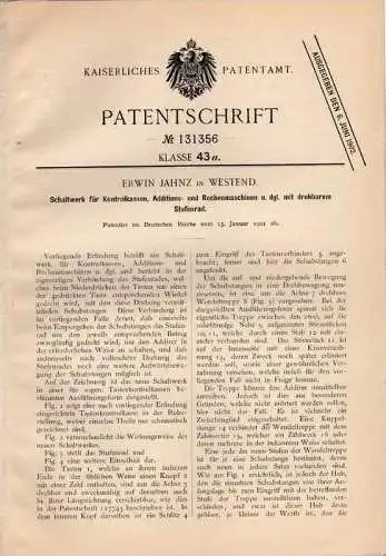 Original Patentschrift - E. Jahnz in Westend , 1901 , Rechenmaschine , Additionsmaschine , Mathematik , Schule !!!