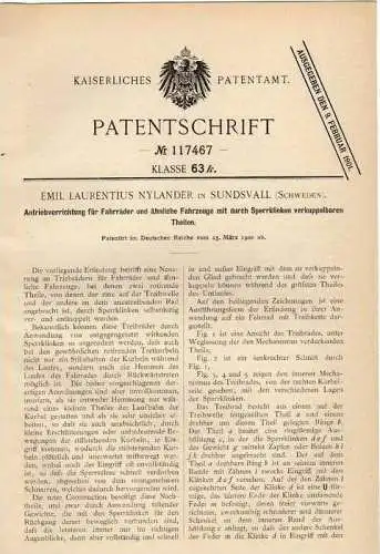 Original Patentschrift -  E.L. Nylander in Sundsvall , Schweden , 1900 ,  Antrieb für Fahrrad , bicycle !!!