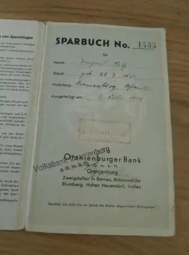 altes Sparbuch Oranienburg , 1940 - 1945 , Ingard Poy in Oranienburg , Sparkasse , Bank !!