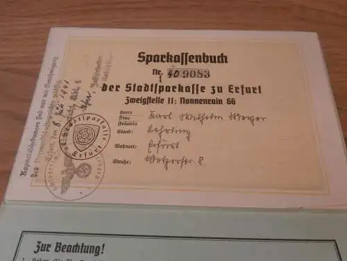 altes Sparbuch Erfurt , 1941 , Wilhelm Mager in Erfurt , Sparkasse , Bank !!