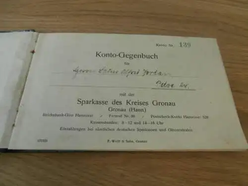 altes Sparbuch Gronau b. Hannover , 1935 - 1939 , Alfred Jordan in Petze b. Sibbesse , Sparkasse , Bank !!