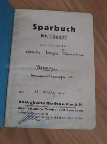 altes Sparbuch Seebergen / Gotha , 1944 , Norbert-Edgar Reimann in Seebergen / Drei Gleichen , Sparkasse , Bank !!