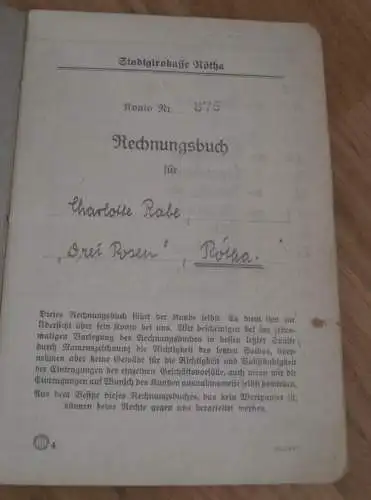 altes Sparbuch / Rechnungsbuch Rötha , 1941 - 1950 , Charlotte Rabe " Drei Rosen " in Rötha , Sparkasse , Bank !!