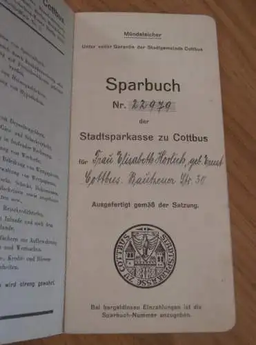 altes Sparbuch Cottbus , 1943 - 1950 , Elisabeth Horlich geb. Ernst in Cottbus , Sparkasse , Bank !!