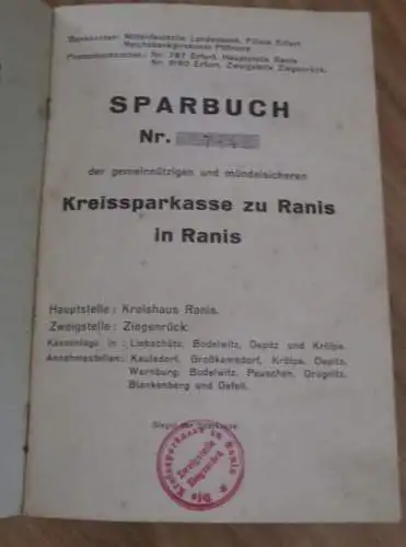 altes Sparbuch Ranis, 1929 - 1943 , Klara Neundorf in Derba , Sparkasse , Bank !!