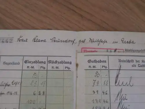 altes Sparbuch Ranis, 1929 - 1943 , Klara Neundorf in Derba , Sparkasse , Bank !!