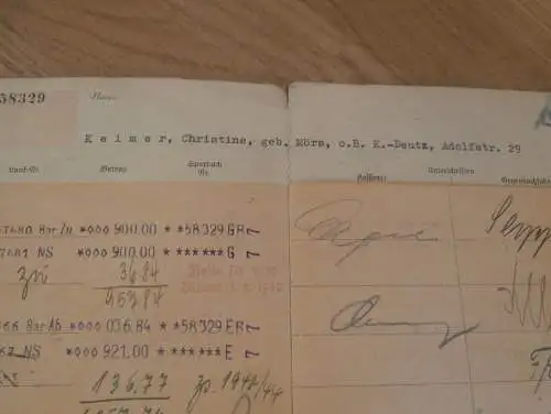 altes Sparbuch und Dokumente Köln Deutz , 1938 - 1948 , Christine Keimer geb. Mörs in Köln Deutz , Sparkasse , Bank !!