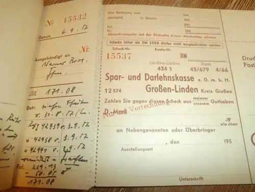 altes Scheckheft Großen Linden / Gießen , 1957 , mit ca. 13 Formularen , Sparkasse , Bank !!