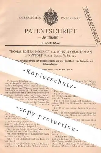 original Patent - Thomas Joseph Moriarty & John Th. Reagan , Newport , Rhode Island , USA | 1901 | Torpedo , U-Boot