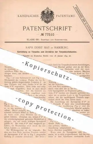 original Patent - Raph. Ernst May , Hamburg , 1894 , Einrichtung am Torpedo zum Zerstören des Torpedoschutznetzes