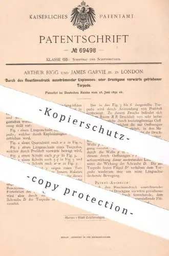 original Patent - Arthur Rigg , James Garvie , London , England | 1892 | Torpedo | Gas , Druck , Druckgas , Schiff
