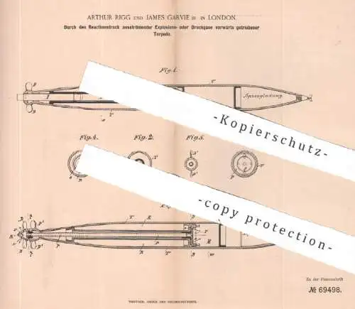 original Patent - Arthur Rigg , James Garvie , London , England | 1892 | Torpedo | Gas , Druck , Druckgas , Schiff