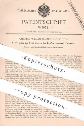 original Patent - Charles William Sleeman , London , England , 1890 , lenkbare Torpedos | Torpedo , Schiff , Waffen