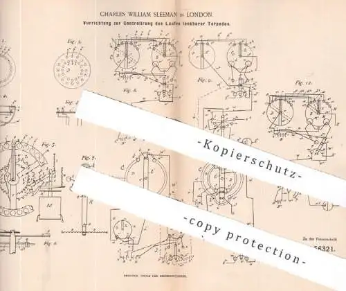 original Patent - Charles William Sleeman , London , England , 1890 , lenkbare Torpedos | Torpedo , Schiff , Waffen