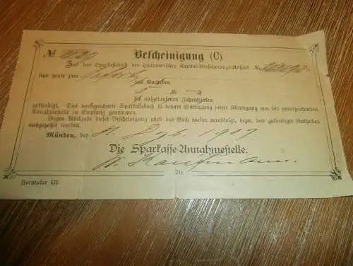 alte Bescheinigung Münden 1909 , Sparkasse , Bank !!