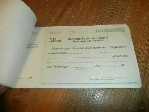 altes Scheckheft Sparkasse Zell / Mosel , ca 1950 , Pünderich , ca. 22 Schecks , Sparkasse , Bank !!