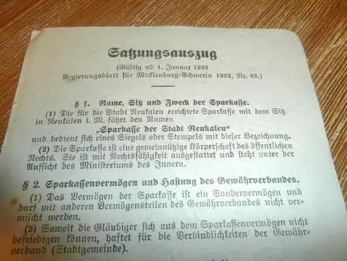 Sparkasse der Stadt Neukalen i. Mecklenburg , 1932 , Sparkasse , Satzung , Bank  !!!