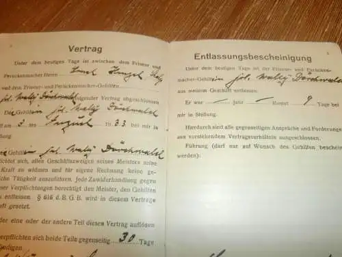 altes Friseur Berufsbuch , 1930 , Wally Dörchwahl in Schwerin i. Mecklenburg , Stolp i. Pommern , Lauenburg !!!