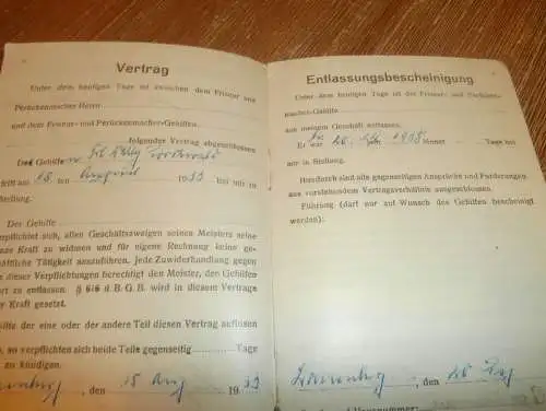 altes Friseur Berufsbuch , 1930 , Wally Dörchwahl in Schwerin i. Mecklenburg , Stolp i. Pommern , Lauenburg !!!