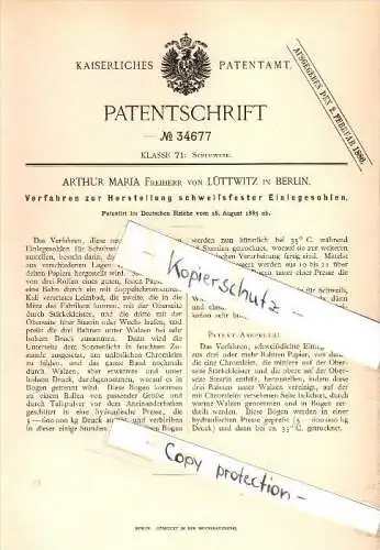 Original Patent - Arthur Maria Freiherr von Lüttwitz in Berlin , 1885 , schweißfeste Einlegesohlen , Schuhmacher !!!