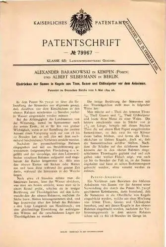 Original Patentschrift - A. Baranowski und A. Silbermann in Kempen / Kepno i. Posen , 1894 , Samen , Sämerei , Agrar !!!