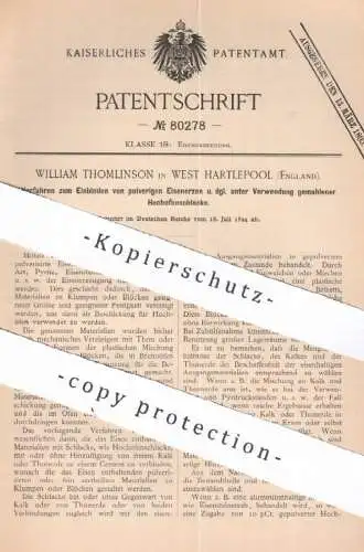 original Patent - William Thomlinson , West Hartlepool , England , 1894 , Eisenerzeugung | Eisen , Erz | Hochofen