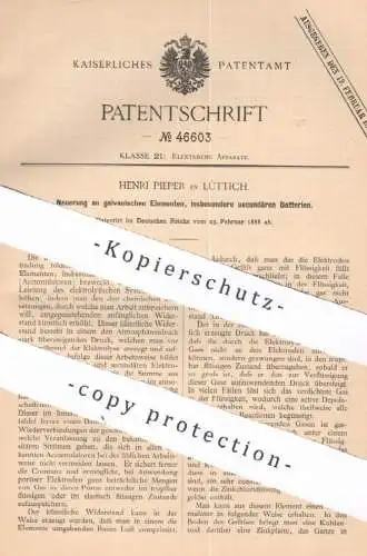original Patent - Henri Pieper , Lüttich , 1888 , galvanische Elemente , sekundäre Batterie | Batterien