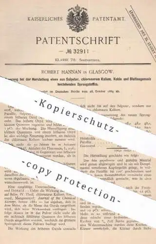original Patent - Robert Hannan , Glasgow , England , 1884 , Sprengstoff aus Salpeter , Kohle , Kalium , Lauge , Salz