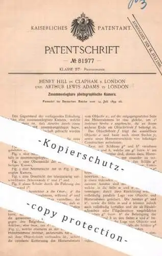 original Patent - Henry Hill , Clapham | Arthur Lewis Adams , London , England , 1894 , photographische Kamera | Foto