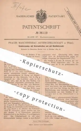 original Patent - Prager Maschinenbau AG , Prag , 1885 , Schmierpumpe mit Schraubkolben und Ventil | Pumpe , Pumpen