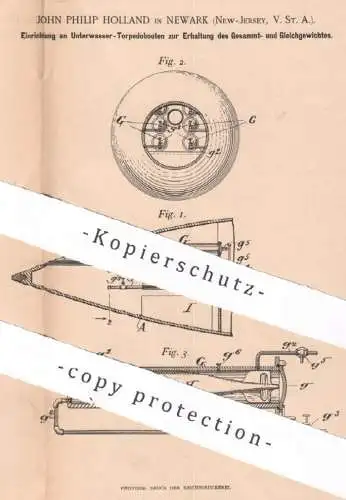 original Patent - John Philip Holland , New York , New Jersey , USA , 1895 , Unterwasser Torpedoboot | Torpedo , U-Boot