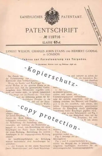 original Patent - Ernest Wilson , Charles John Evans , Herbert Godsal , London , 1898 , Torpedo - Fernsteuerung
