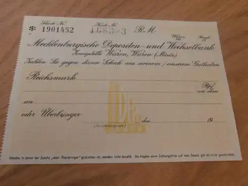 alter Scheck , Mecklenburgische Bank , Waren a. Müritz in Mecklenburg , ca. 1940 , Sparkasse , Bank !!!