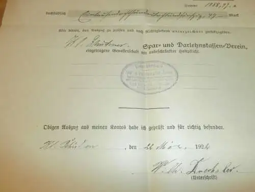 altes Dokument Klein Rhüden / Seesen , 1922 , Wilhelm Drechsler , Landwirt , Sparkasse , Bank !!!