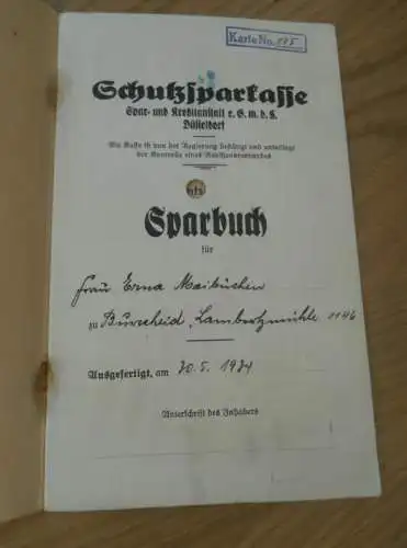 altes Sparbuch Burscheid / Lambertzmühle , 1934 - 1942 , Erna Maibüchen in Burscheid , Lambertzmühle , Sparkasse , Bank