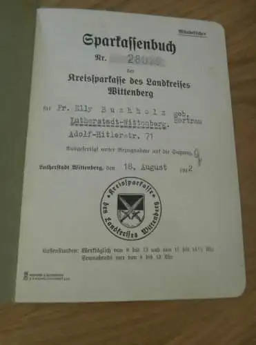 altes Sparbuch Wittenberg , 1942 - 1946 , Elly Buchholz geb. Bertram in Wittenberg , Sparkasse , Bank !!