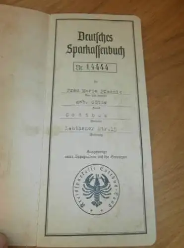 altes Sparbuch Cottbus , 1942 - 1944 , Marie Pfennig geb. Götze in Cottbus , Sparkasse , Bank !!