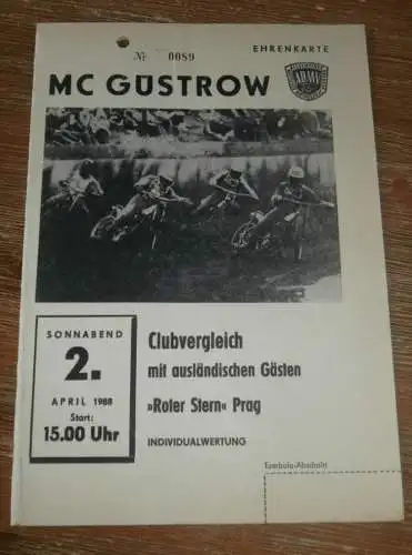 Speedway Güstrow 02.04.1988 , Prag , Programm , Rennprogramm !!!