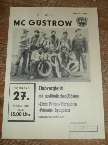 Speedway Güstrow 27.03.1988 , Pardubice , Bydgoszcz , Programm , Rennprogramm !!!