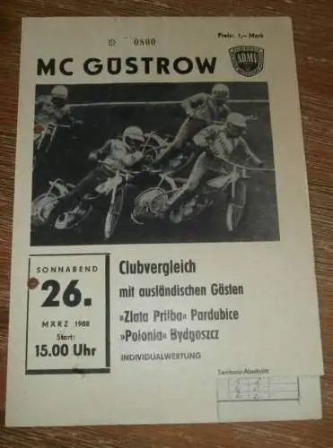 Speedway Güstrow 26.03.1988 , Pardubice , Bydgoszcz , Programm , Rennprogramm !!!