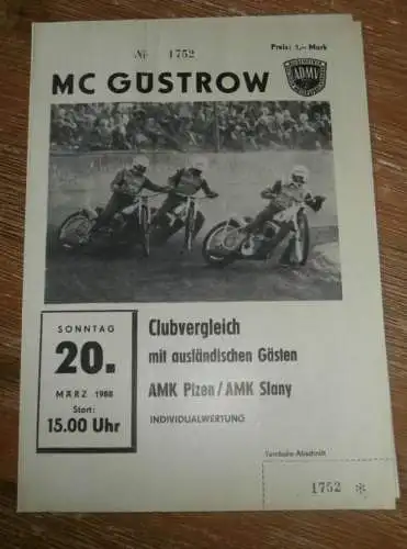 Speedway Güstrow 20.03.1988 , Plzen , Slany , Programm , Rennprogramm !!!