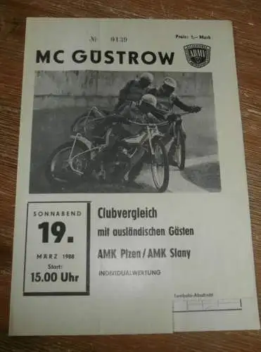 Speedway Güstrow 19.03.1988 , Plzen , Slany , Programm , Rennprogramm !!!