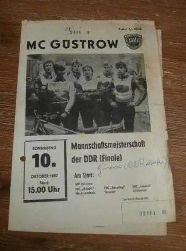 Speedway Güstrow 10.10.1987 , Finale DDR Meisterschaft Mannschaft , Programm , Rennprogramm !!!