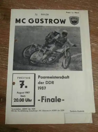 Speedway Güstrow 07.08.1987 , Finale DDR Meisterschaft , Programm , Rennprogramm !!!