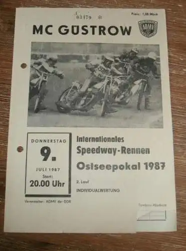 Speedway Güstrow 09.07.1987 , Ostseepokal , mit Eintrittskarte , Programm , Rennprogramm !!!