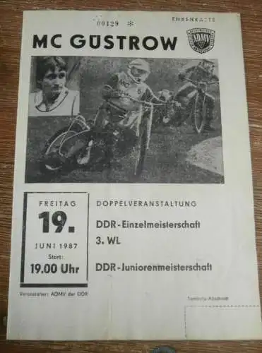 Speedway Güstrow 19.06.1987, DDR Meisterschaft , Programm , Rennprogramm !!!