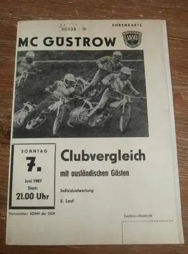 Speedway Güstrow 07.06.1987, Prag , Pardubice , Gorzow , Slany , Programm , Rennprogramm !!!