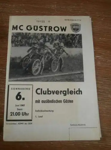 Speedway Güstrow 06.06.1987, Prag , Pardubice , Gorzow , Slany , Programm , Rennprogramm !!!