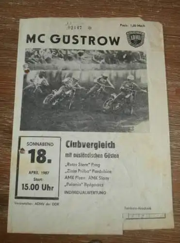 Speedway Güstrow 18.04.1987, Prag , Pardubice , Plzen , Slany , Polonia Bydoszcz , Programm , Rennprogramm !!!