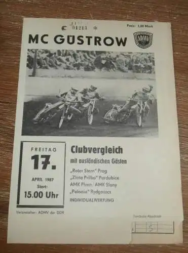 Speedway Güstrow 17.04.1987, Prag , Pardubice , Plzen , Slany , Polonia Bydoszcz , Programm , Rennprogramm !!!